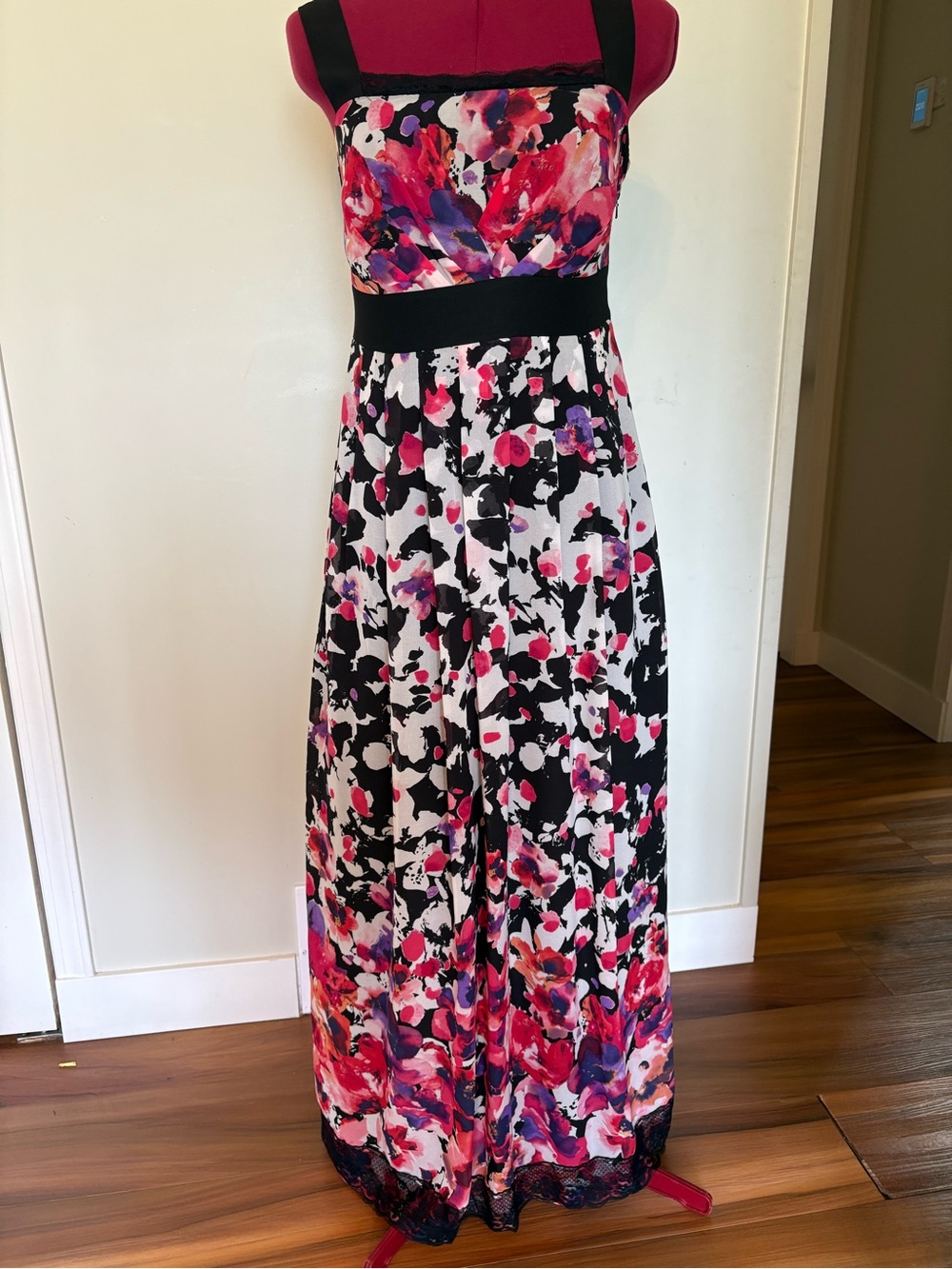 Monsoon Floral Black and Pink Maxi Dress with Bold Waistband